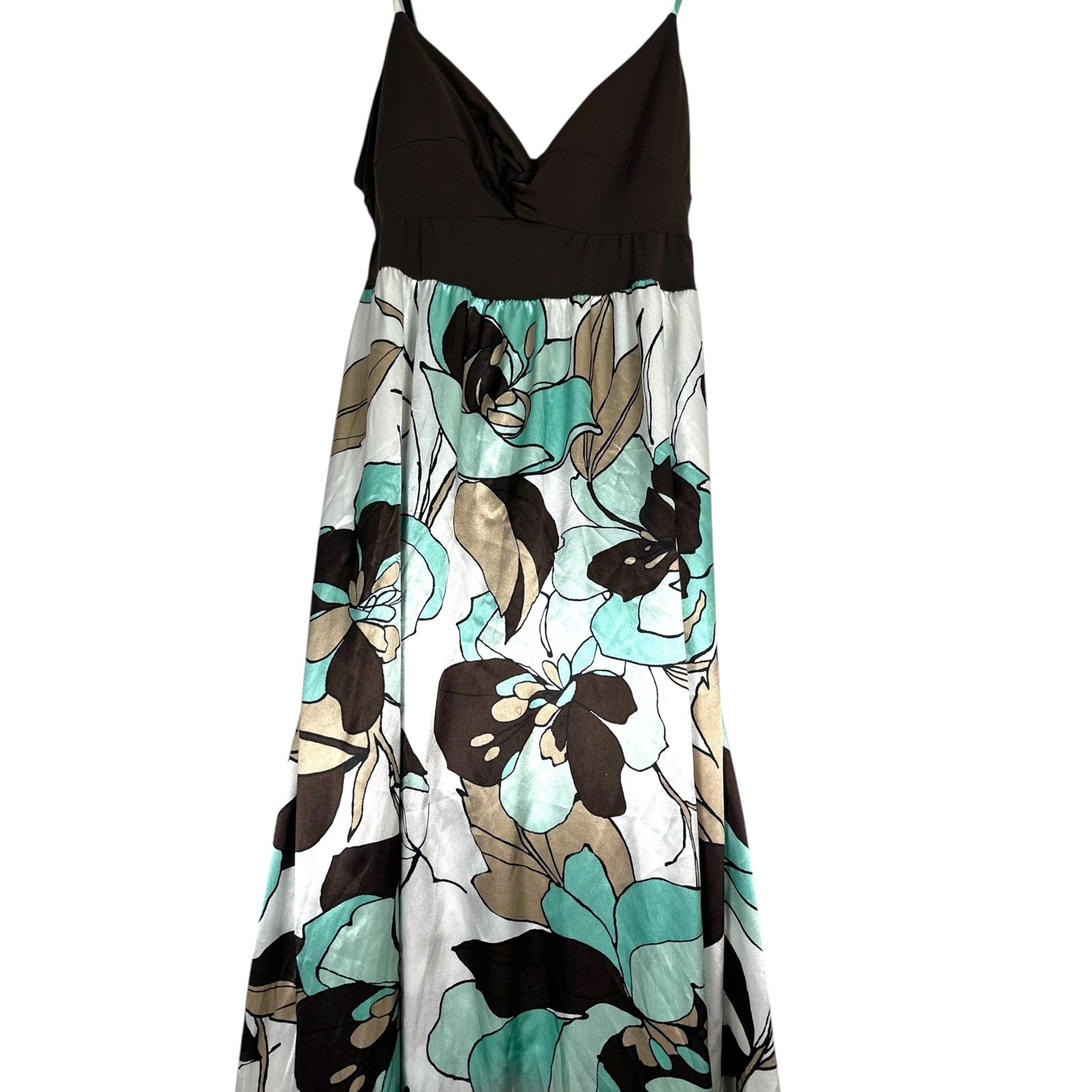 Candie’s Y2K Floral Maxi Dress XL Brown Aqua Empire Waist Satin 2000s Boho Indie