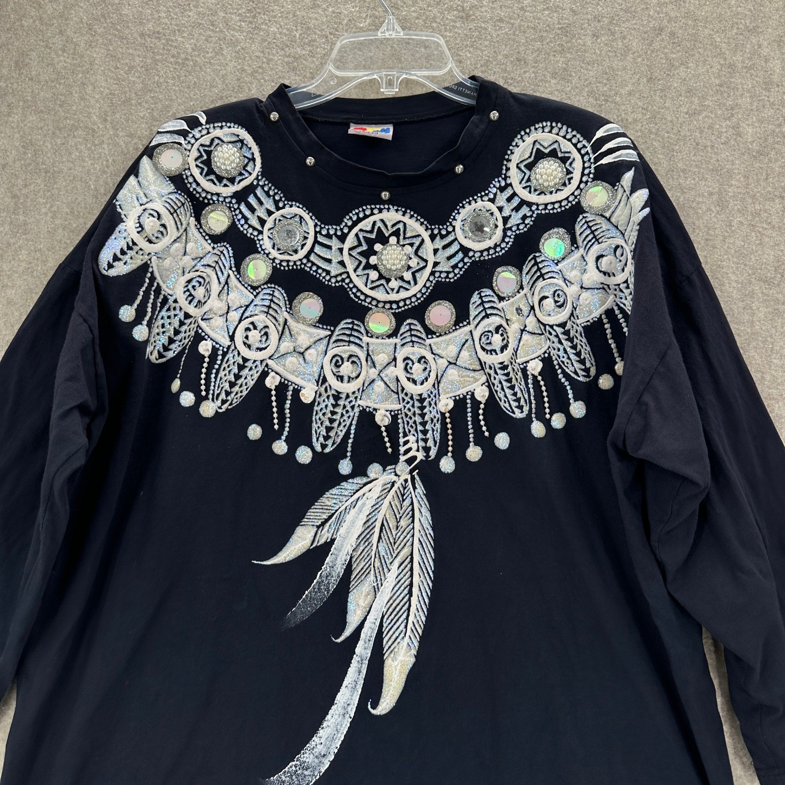 VTG Black Paint Embellished Long Sleeve T-Shirt Feather Southwestern Boho Dolman