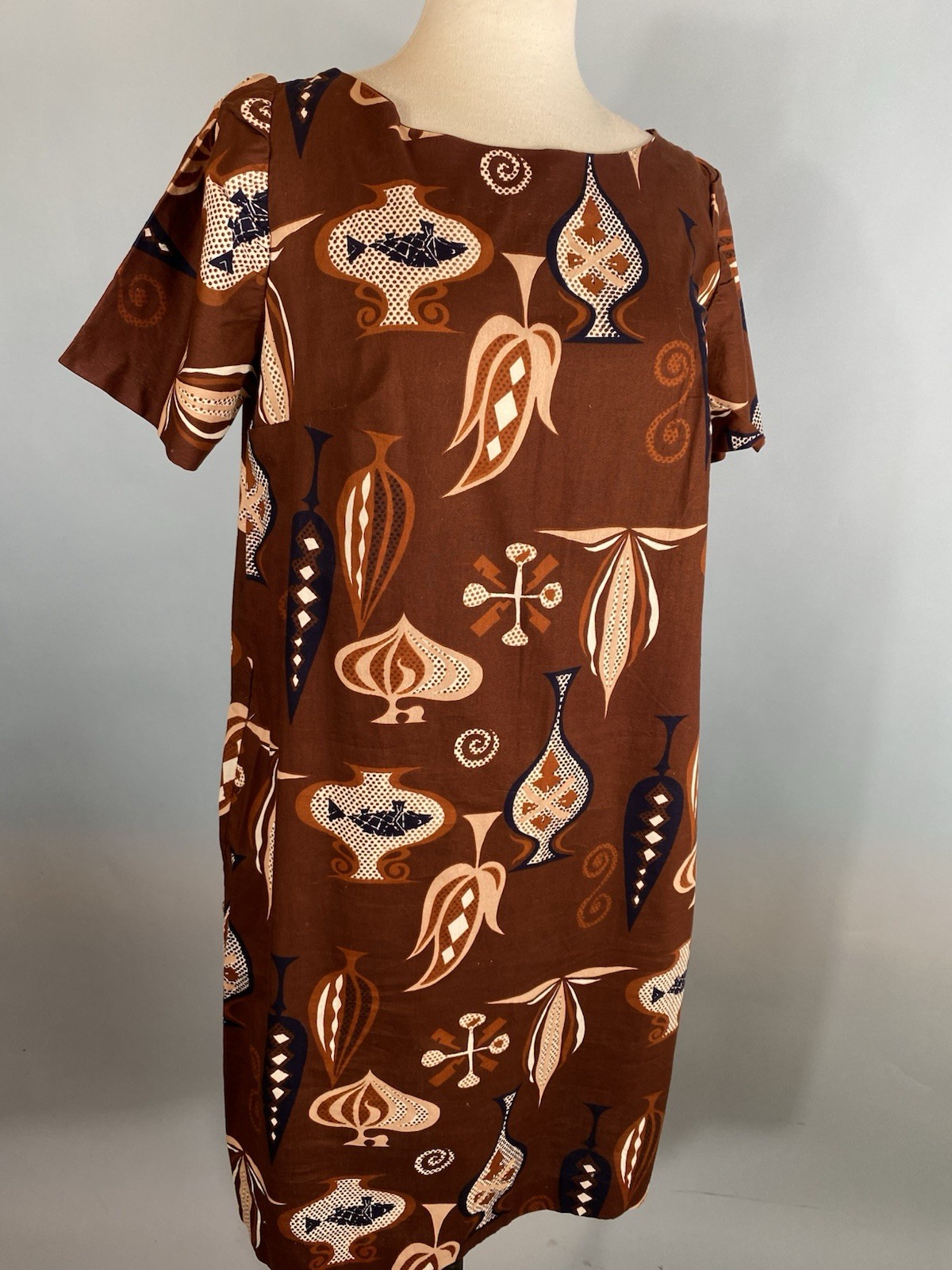 1960S Vintage Mid-Century Modern Abstract Mod Shift Dress Volup Cotton Brown