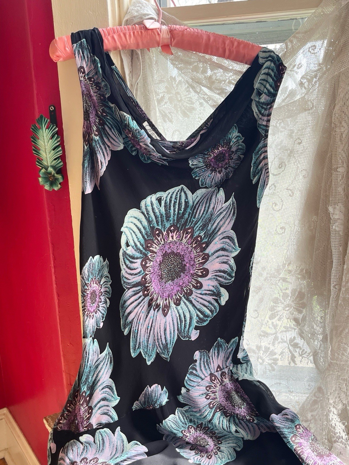 Vintage 1990s Black Chiffon Blue Purple Floral Print Grunge Cowl Neck Dress L