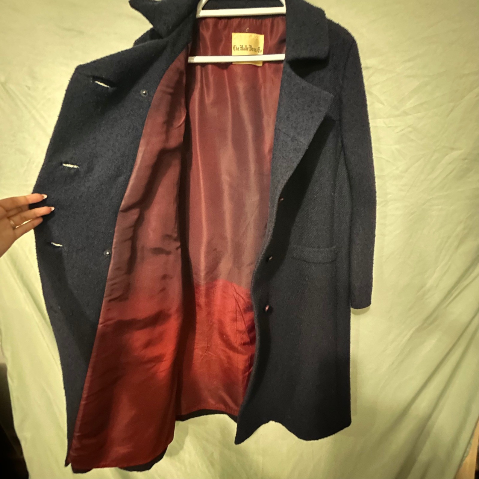 Vintage Halle Bros Co Navy Blue Wool Double Breasted Overcoat Union Made 22 PTP