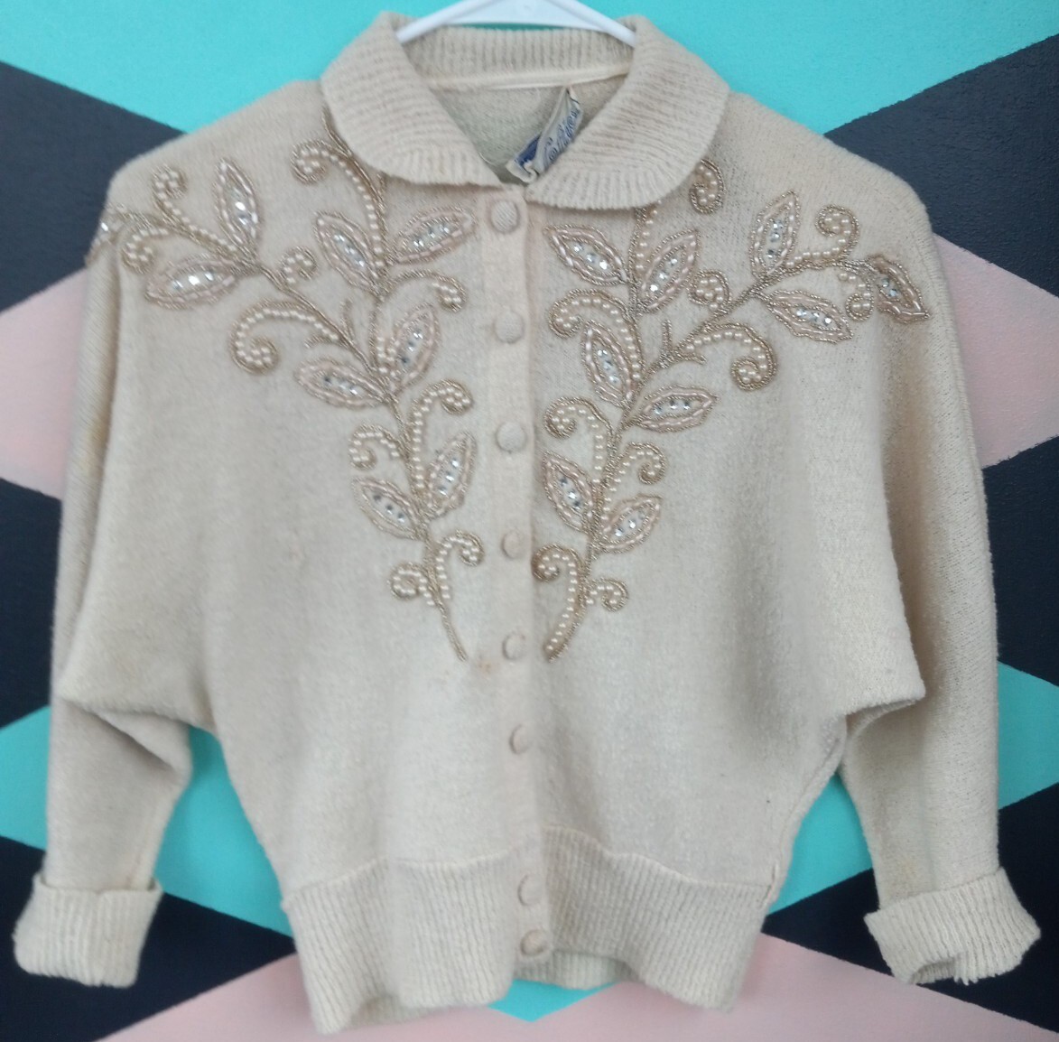Vintage 1950s LOFTIES cream Beaded Sweater only Mid Century Retro Fashion