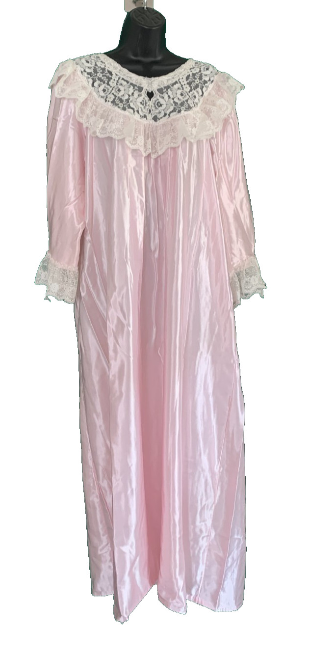 Vtg Victorian Wide Lace Pink Satin Nightgown Grannycore Ilise Stevens Sz L READ
