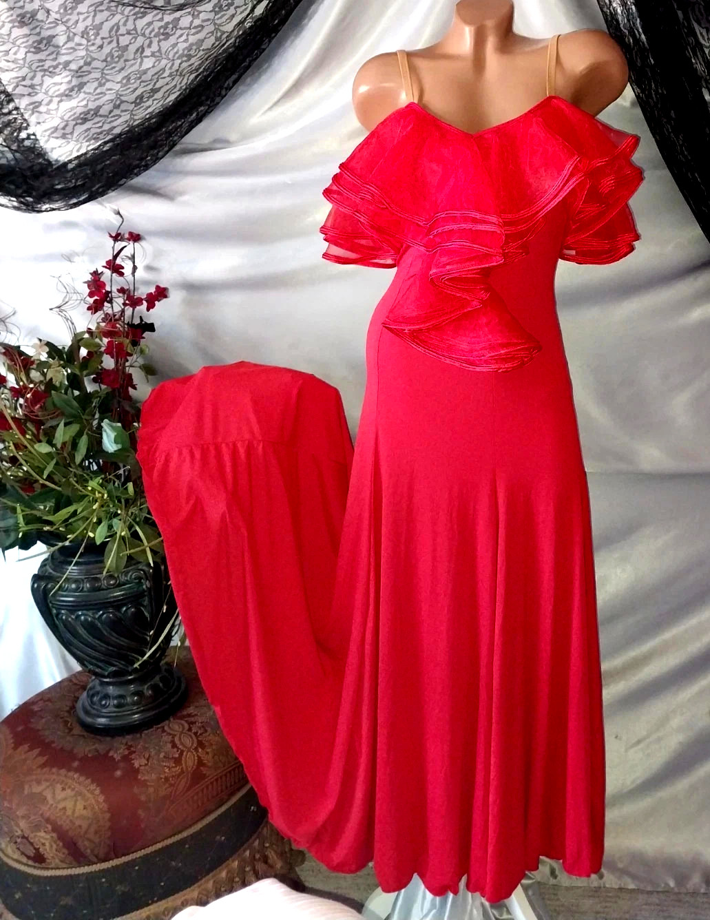 VTG SILKY NYLON TWIRLY LEOTARD MAXI LAYERS FRU SWEEP DRESS AVANT FRILLY GLAM 46
