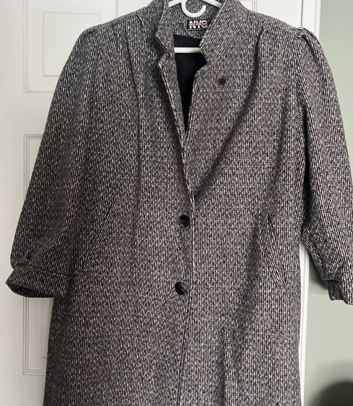 Vintage Herringbone Tweed Wool Blend Coat NY girl Gray White Union Made USA