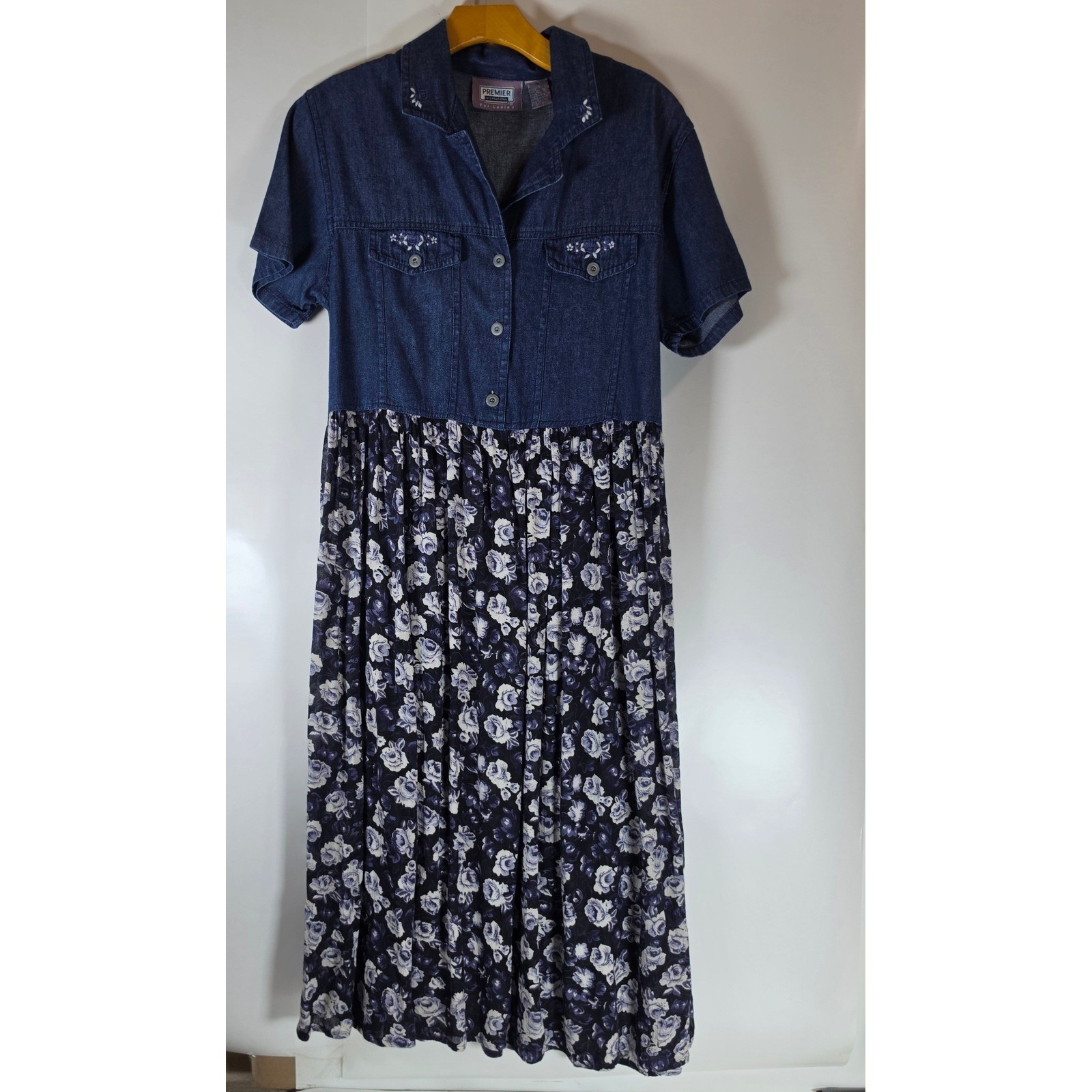 Vintage 90s Premier International Denim Floral Midi Dress Cottagecore Blue Med