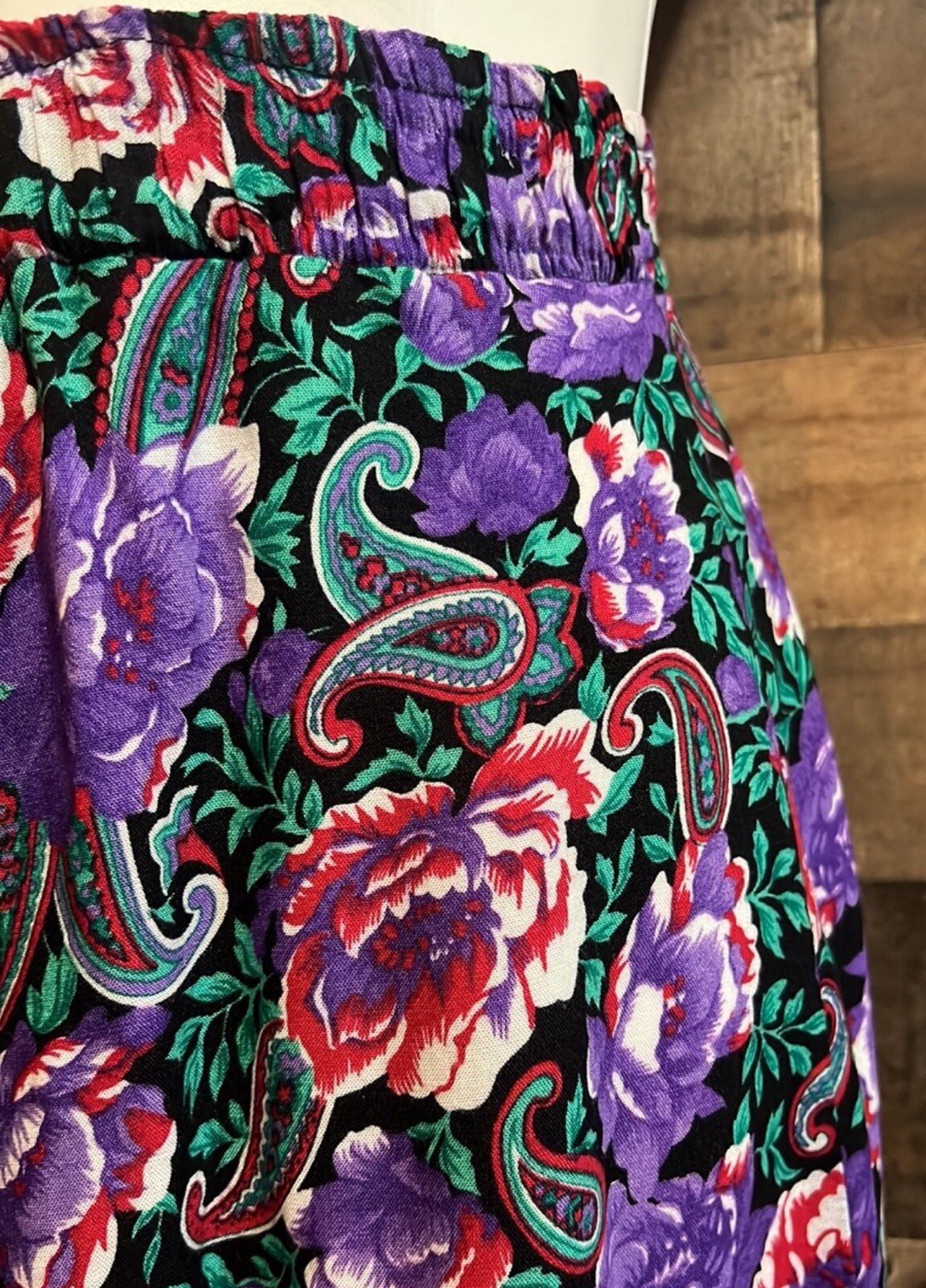 Vintage Floral Paisley Pink Purple Green Midi Flowy Skirt Cottagecore Small