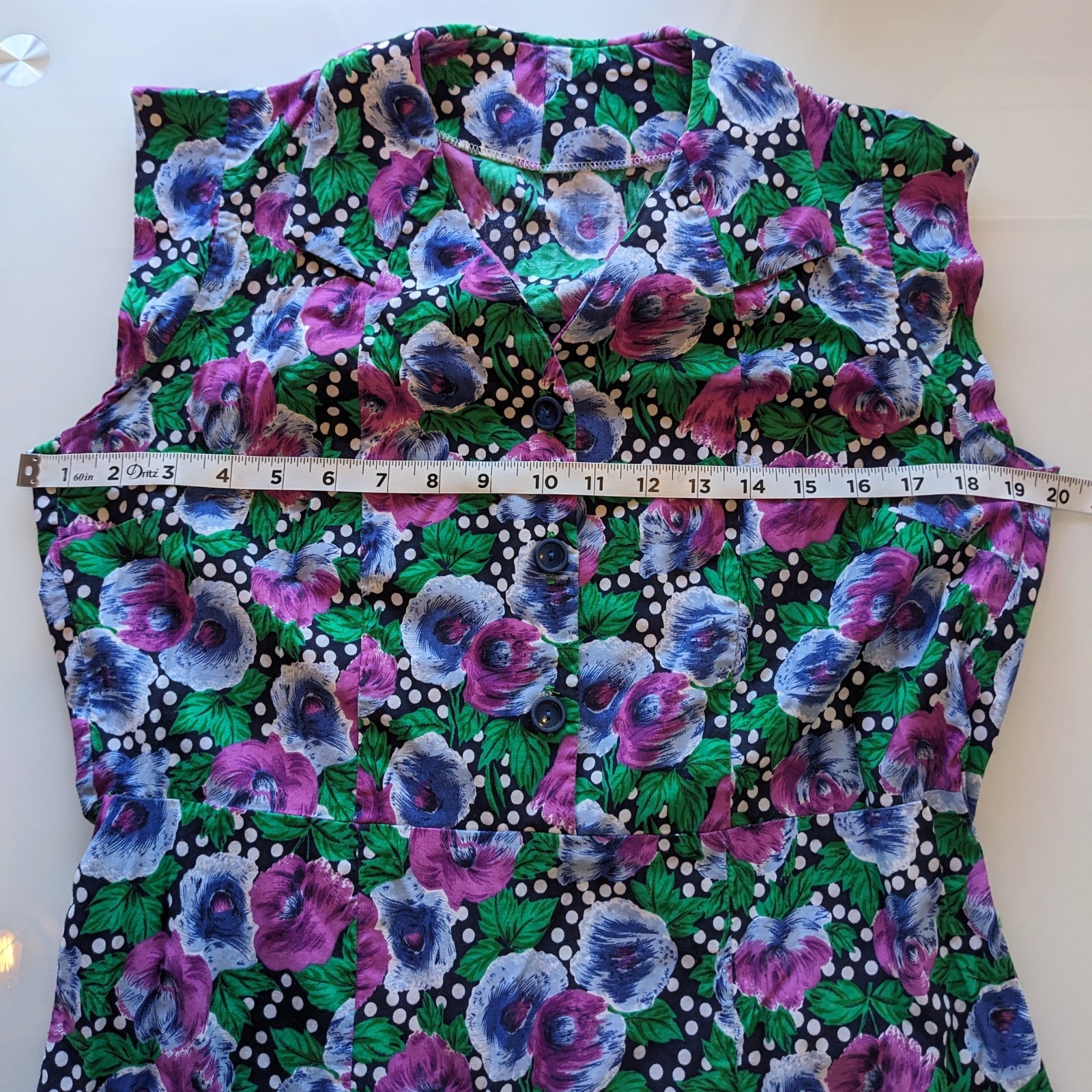Vintage Handmade Polka Dot Floral Shirt Dress L Button Up Front Cottagecore Midi