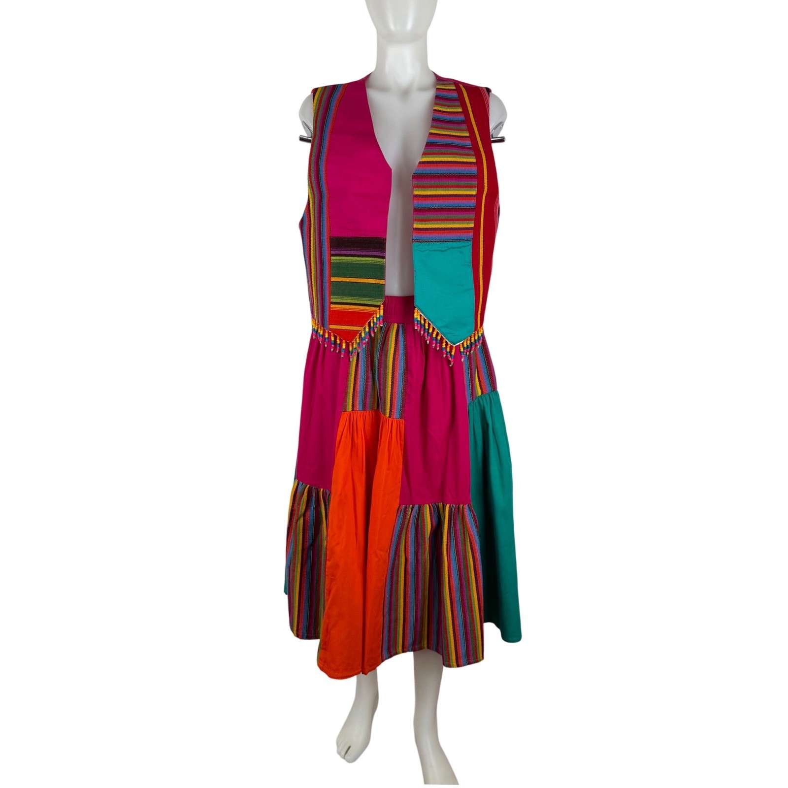 Starfire Vintage 2pc Vest Skirt Set Pink Rainbow Striped Beaded Fringe USA 8 10