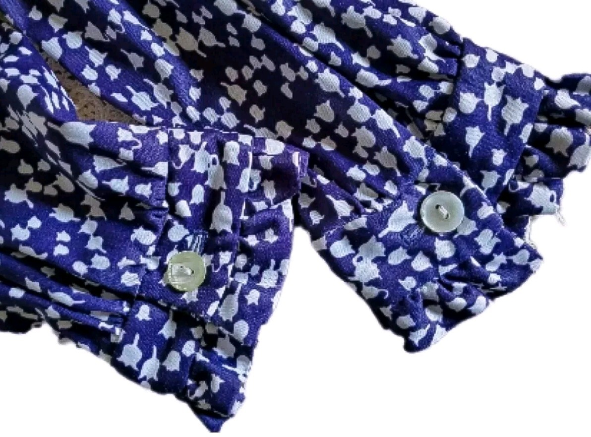 VTG 70s Jersey Blouse Dark Indigo Blue w Pussy Bow, Lady of the Valley Pattern S