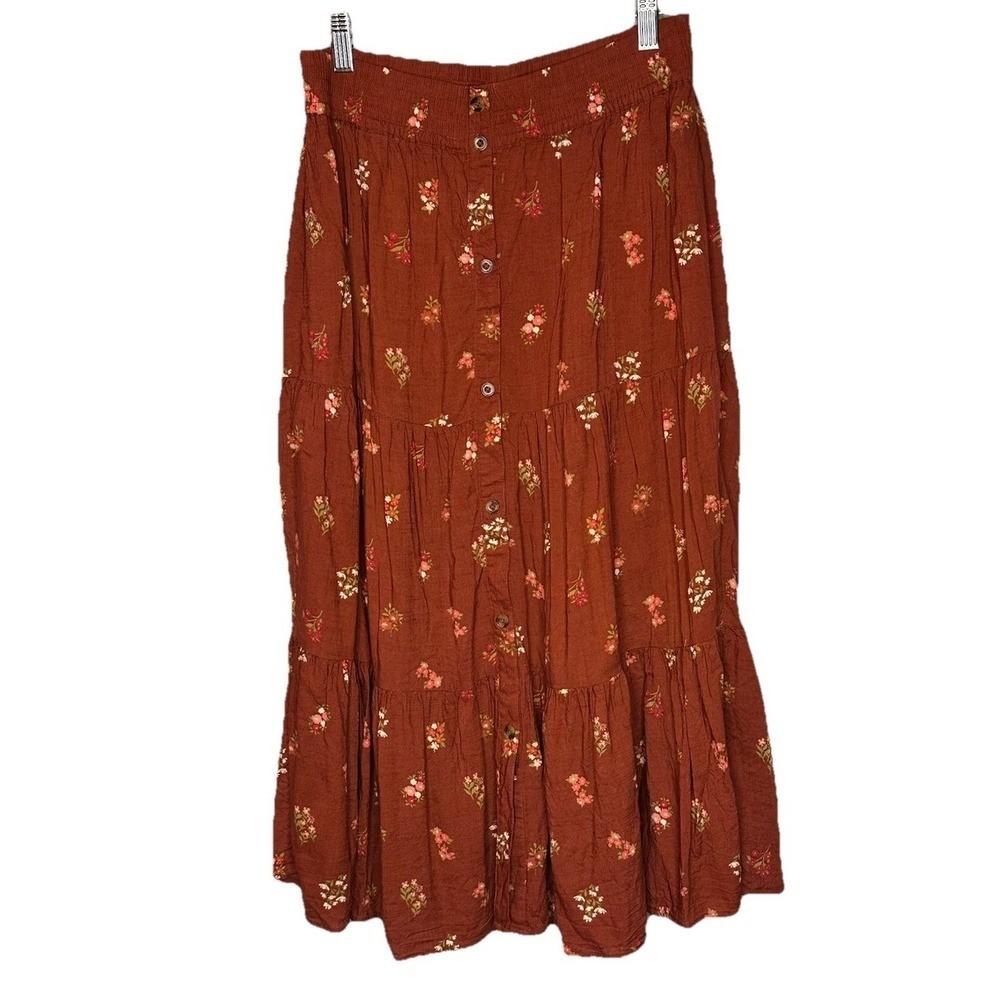 Sonoma Womens Floral Tiered Midi Skirt Small Rayon Rust Floral Boho Cottage