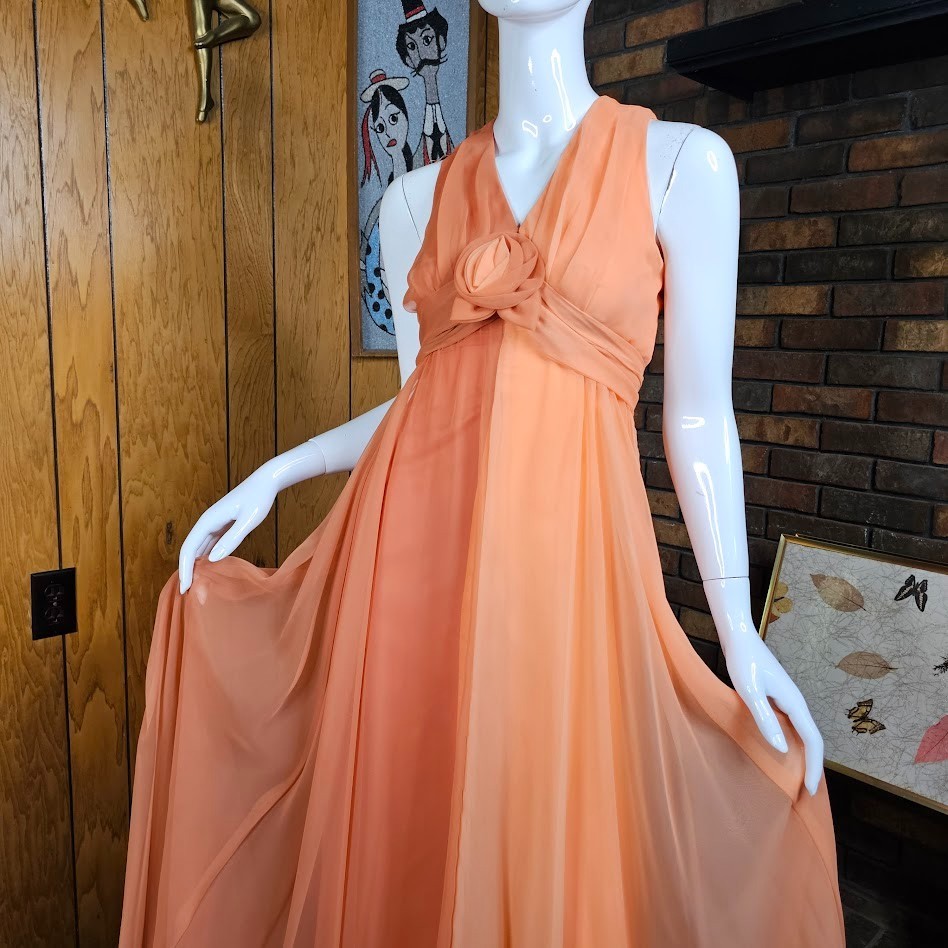 Vtg 70s Peach Chiffon Formal Maxi Dress Rosette Prom Bewitched Party Wedding S