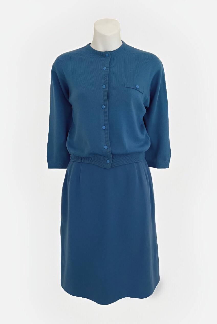 Vintage JANTZEN Sweater &Wool Bl. Skirt Set Sz M/L Blue Button Up Cardigan 1960s
