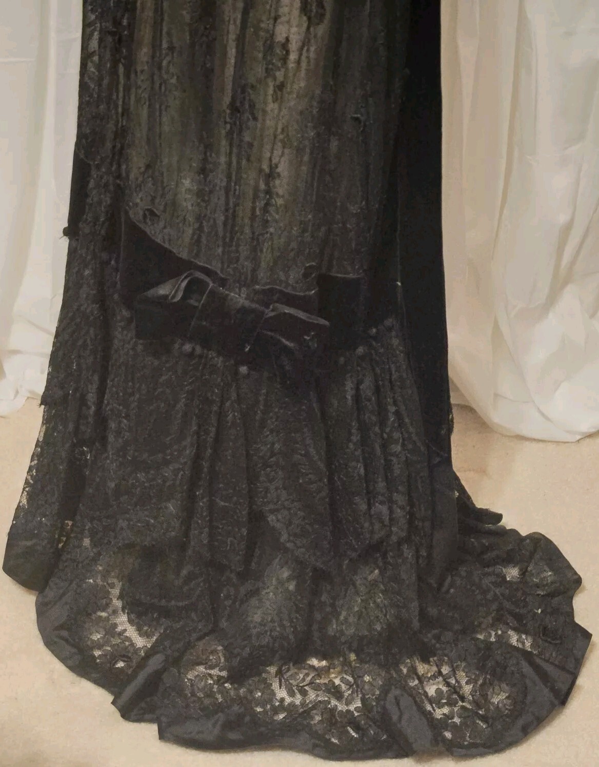 Edwardian Black Chantilly Lace Tassels & Velvet Trim Gown