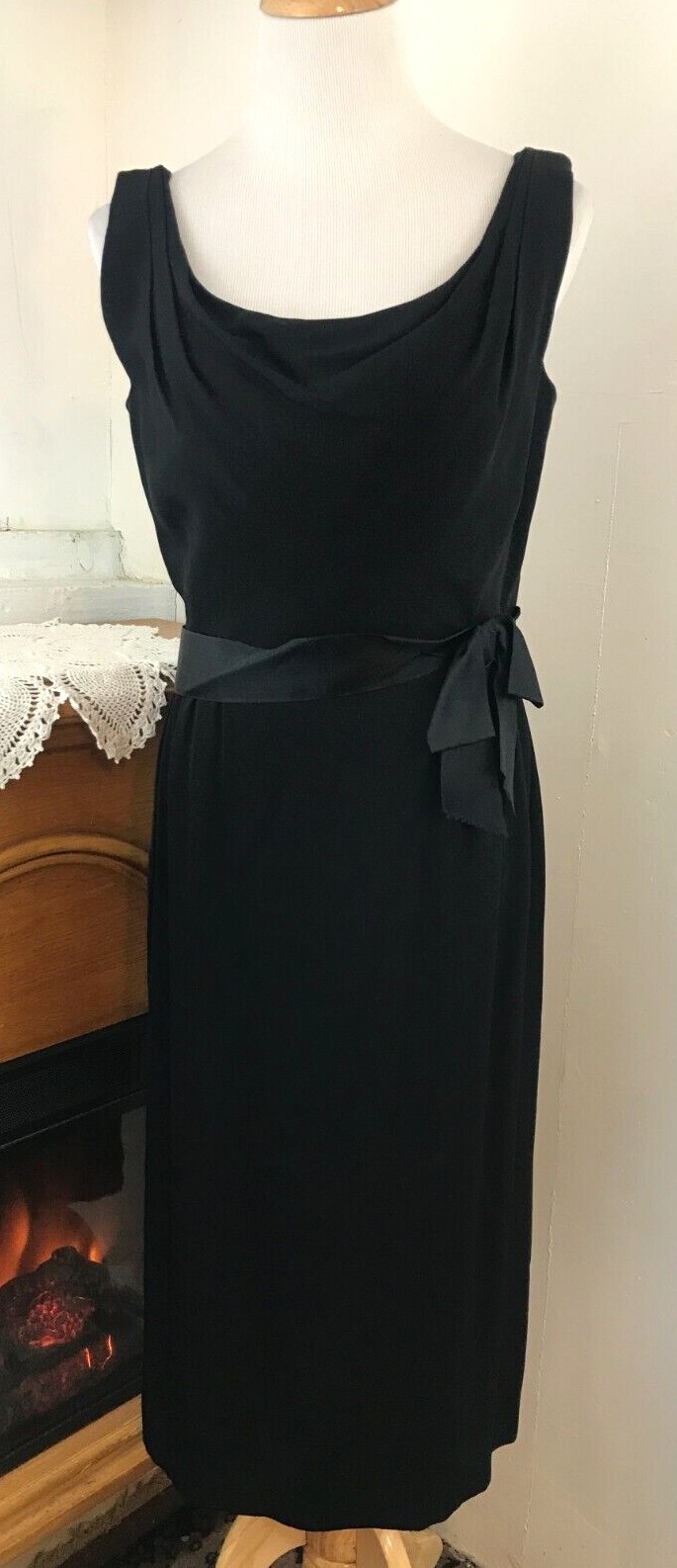 Vintage Ceil Chapman For Miss Winston Black Silk Cocktail Dress W/Satin Bow ~ M