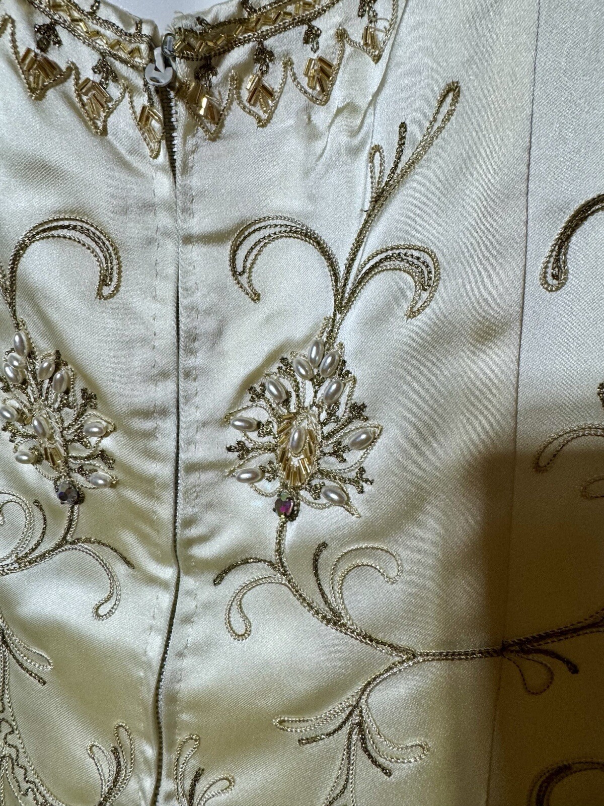 1950’s, 1960’s BEADED EVENING Dress Vintage, Champagne Satin, Gold Beading.!
