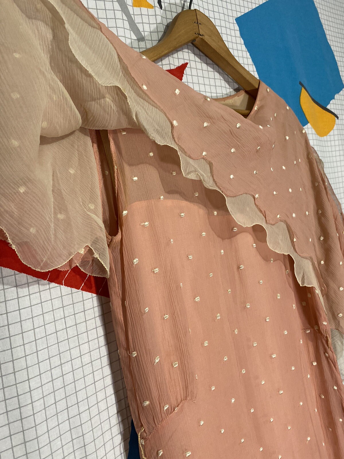 Vintage 20s Silk Flapper Dress Art Deco Drop Waist Asymmetrical Polka Dot Crepe