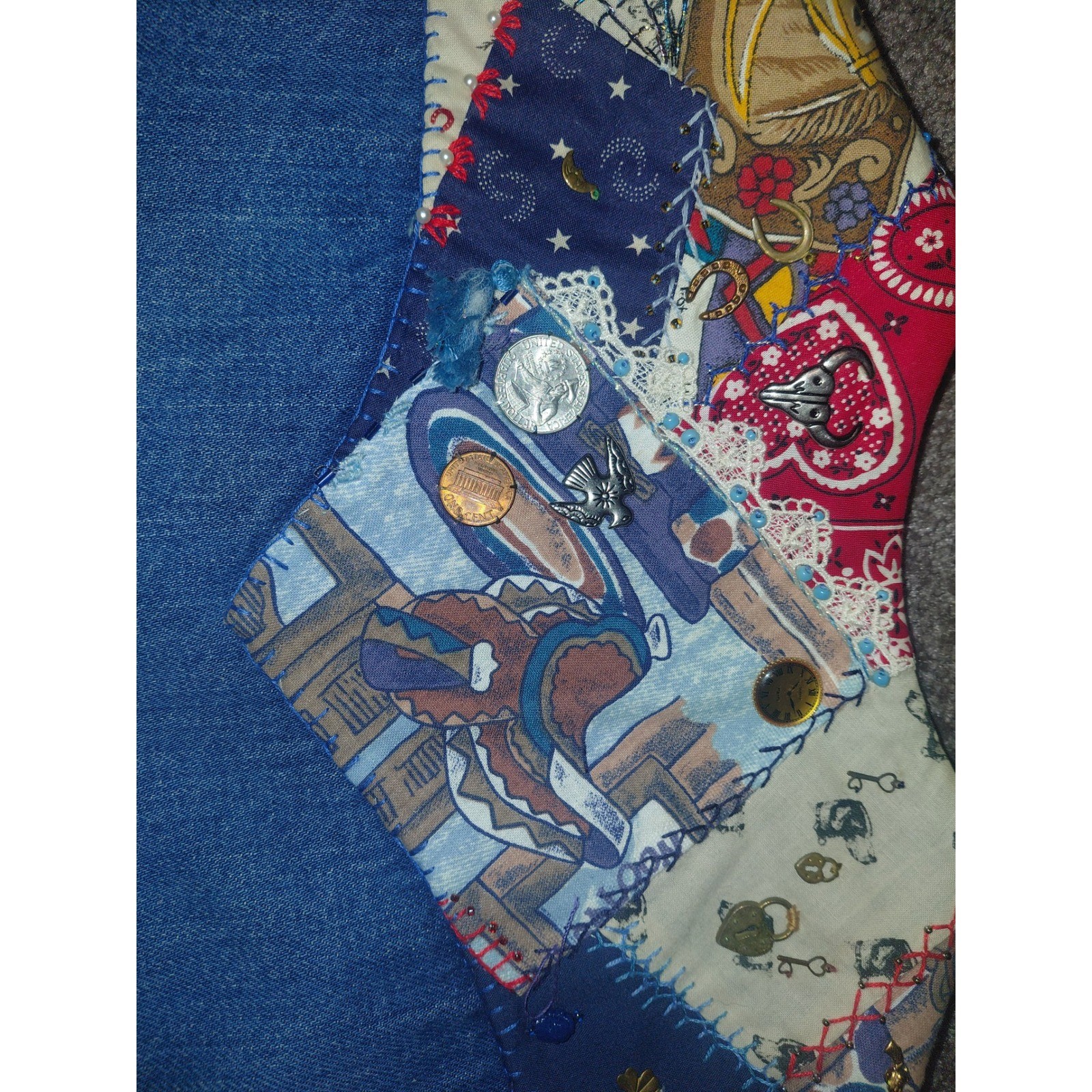Vintage Dee Cee Brand Western Denim Vest Patchwork Charms Sheriff Badge USA Made