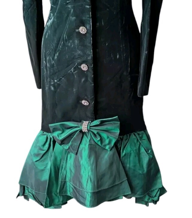 Vtg 80s En Francais Huey Waltzer Emerald Velvet Taffeta Dress Rhinestone Peplum