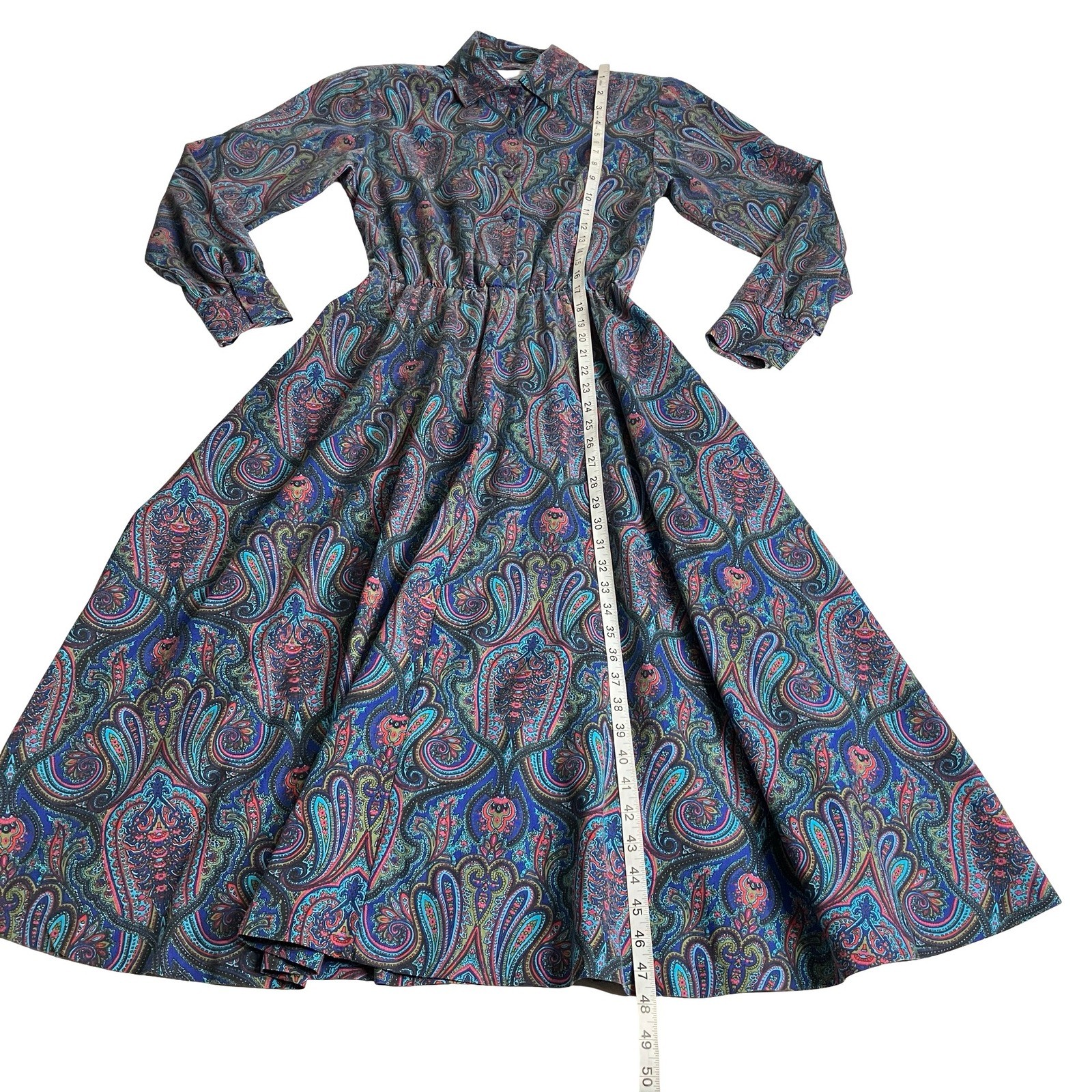 Vintage 80s Bedford Fair Paisley Midi Dress Womens 6 Long Sleeve Belted Boho Mod