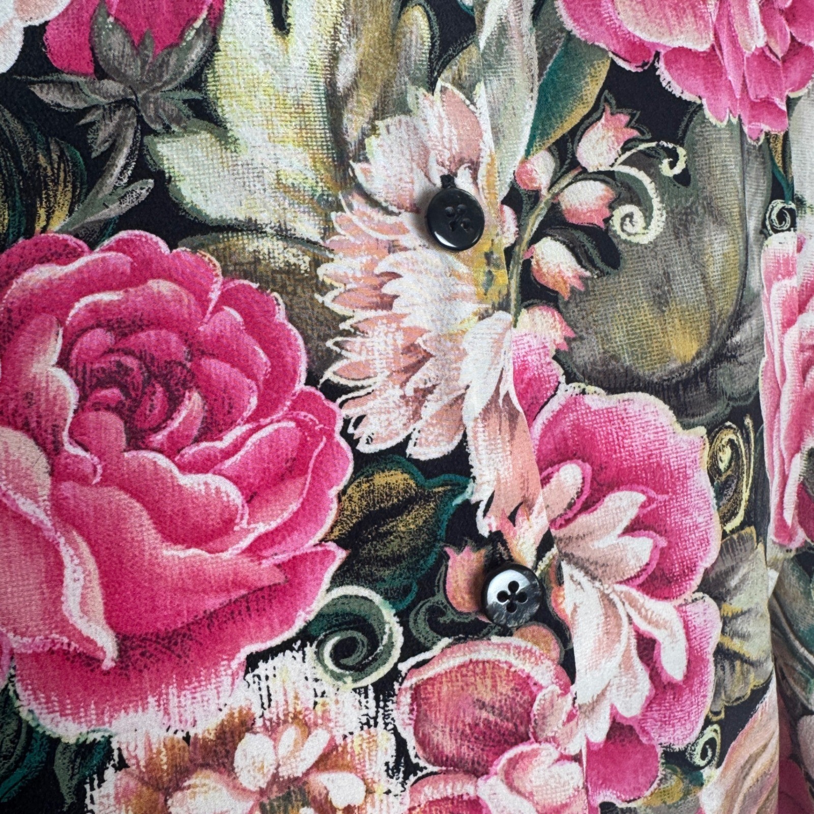 Dana Buchman 100% Silk Floral Blouse Pink Green Black Vintage 90s Size 14