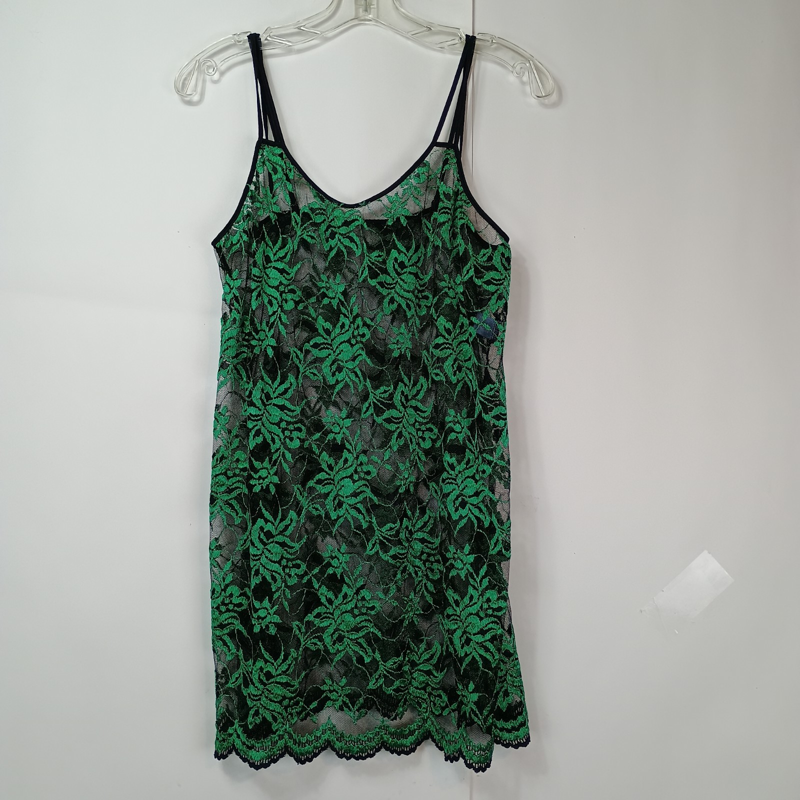 Vtg Lady Cameo Dallas Sheer Lace Slip Dress Sexy Black Green Chemise Sz L