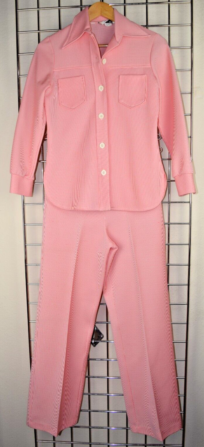 Vintage Top Pants Set Ecco Bay Size S/M 70s Red White Candy Stripe Poly Made USA