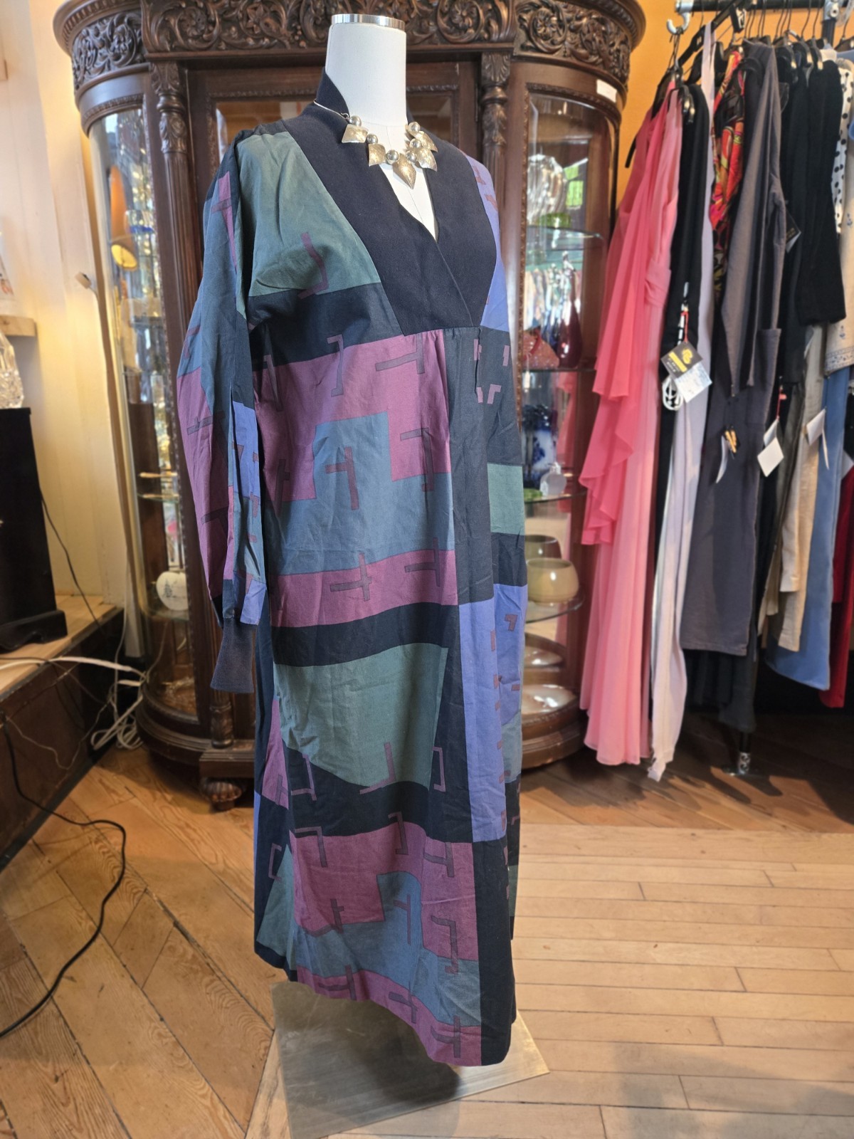 Vrg 1980s MARIMEKKO Purple Black Blue Cotton Geometric Long Sleeve Kaftan Dress