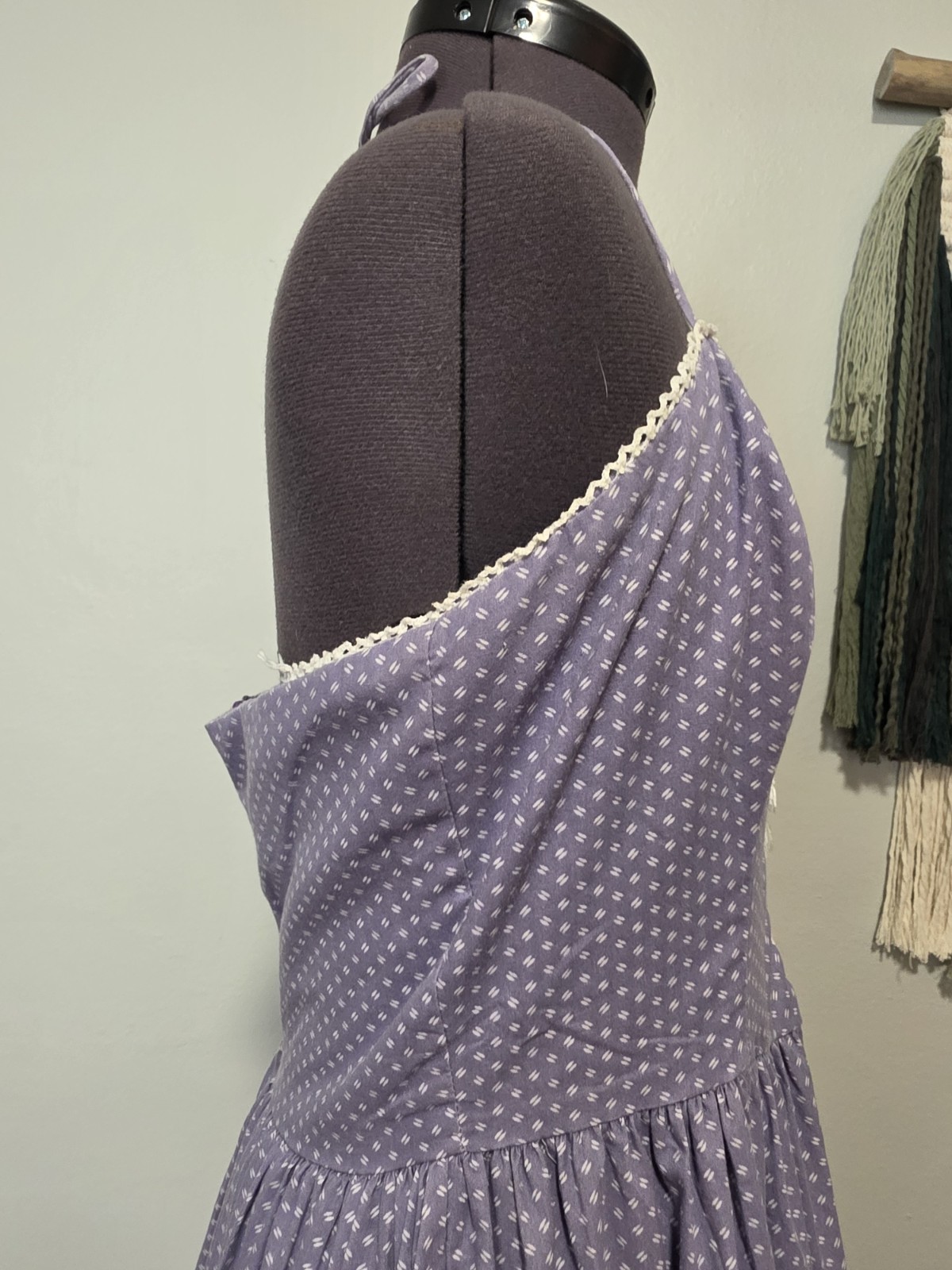 1970s Vintage Prairie Halter Dress Lace Up Chest Midi Blue Lilac Crotchet Trim M
