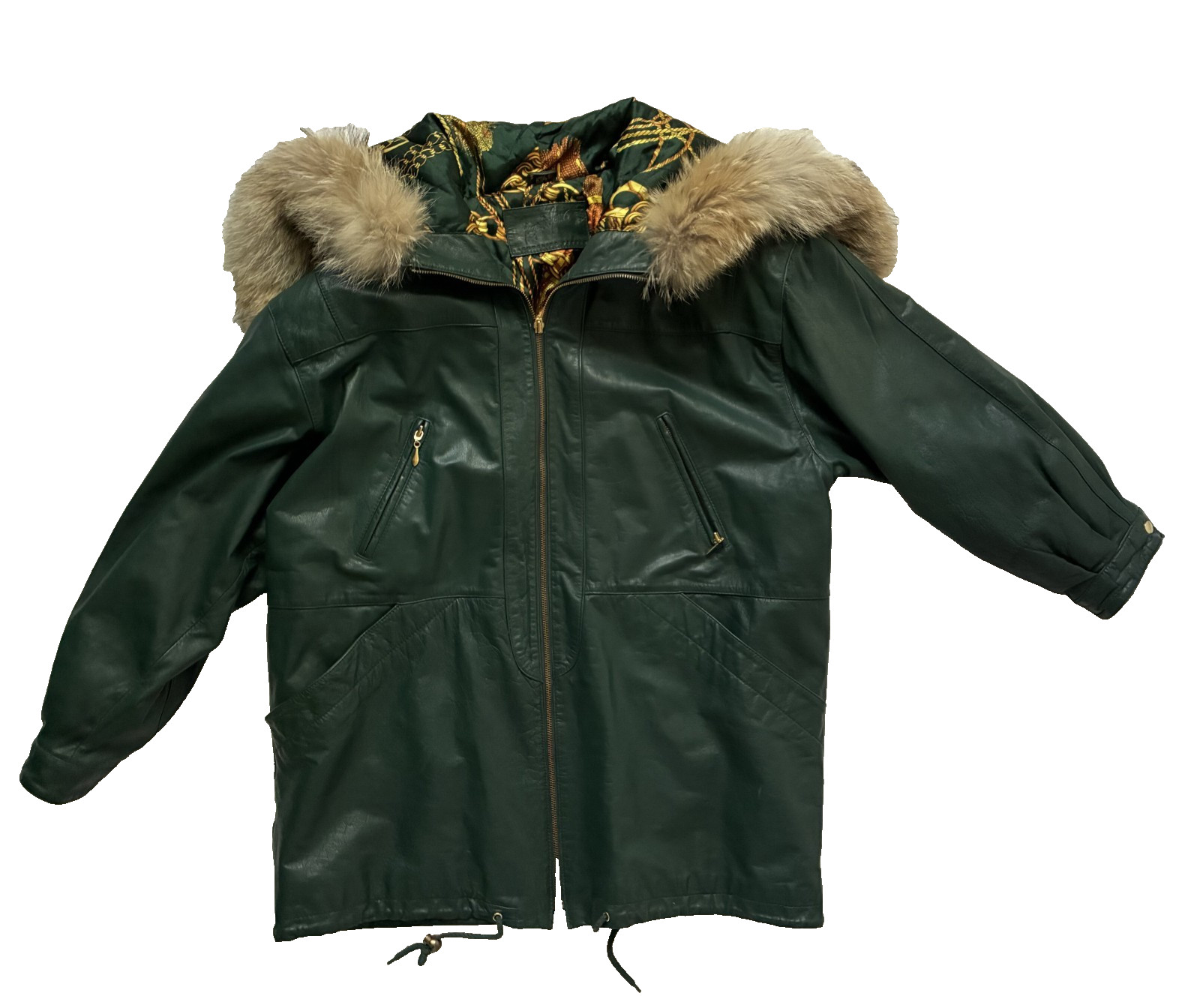 Jacqueline Ferrar Forest Green Leather Parka Coat Women’s Large Coyote Fur Hood