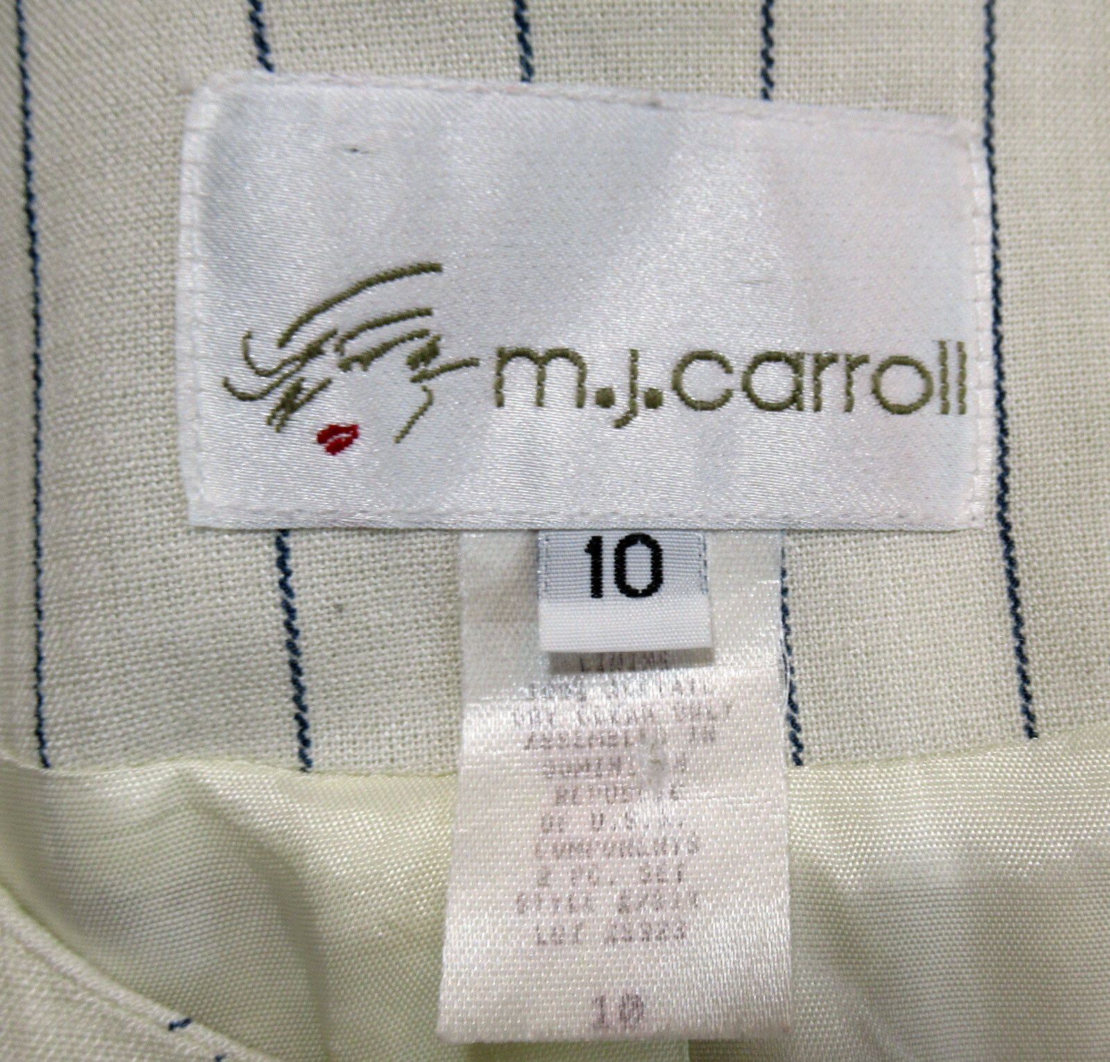 Vintage 1980s suit long jacket and skirt M.J. Carroll Cream striped rayon flax