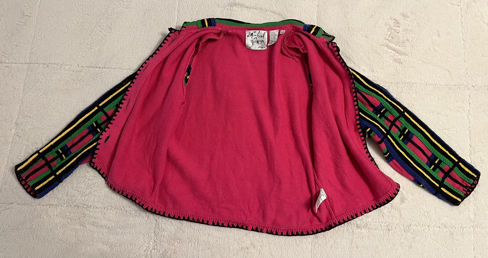 Vtg 90’s Michael Simon Hot Pink Multi Button Up Cardigan Wm Med Petite Collared