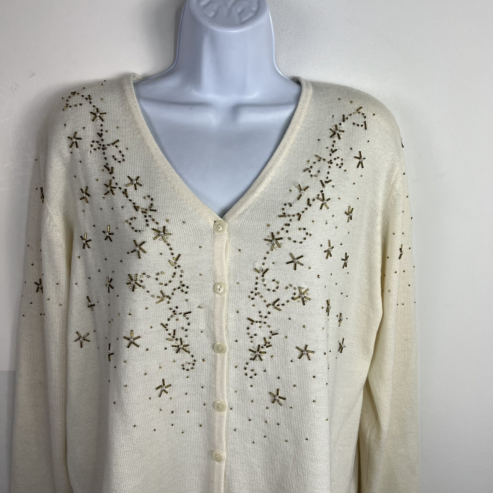 Karen Scott Cardigan sz L Ivory Gold Embroidered Snowflake 90s Retro VINTAGE vtg