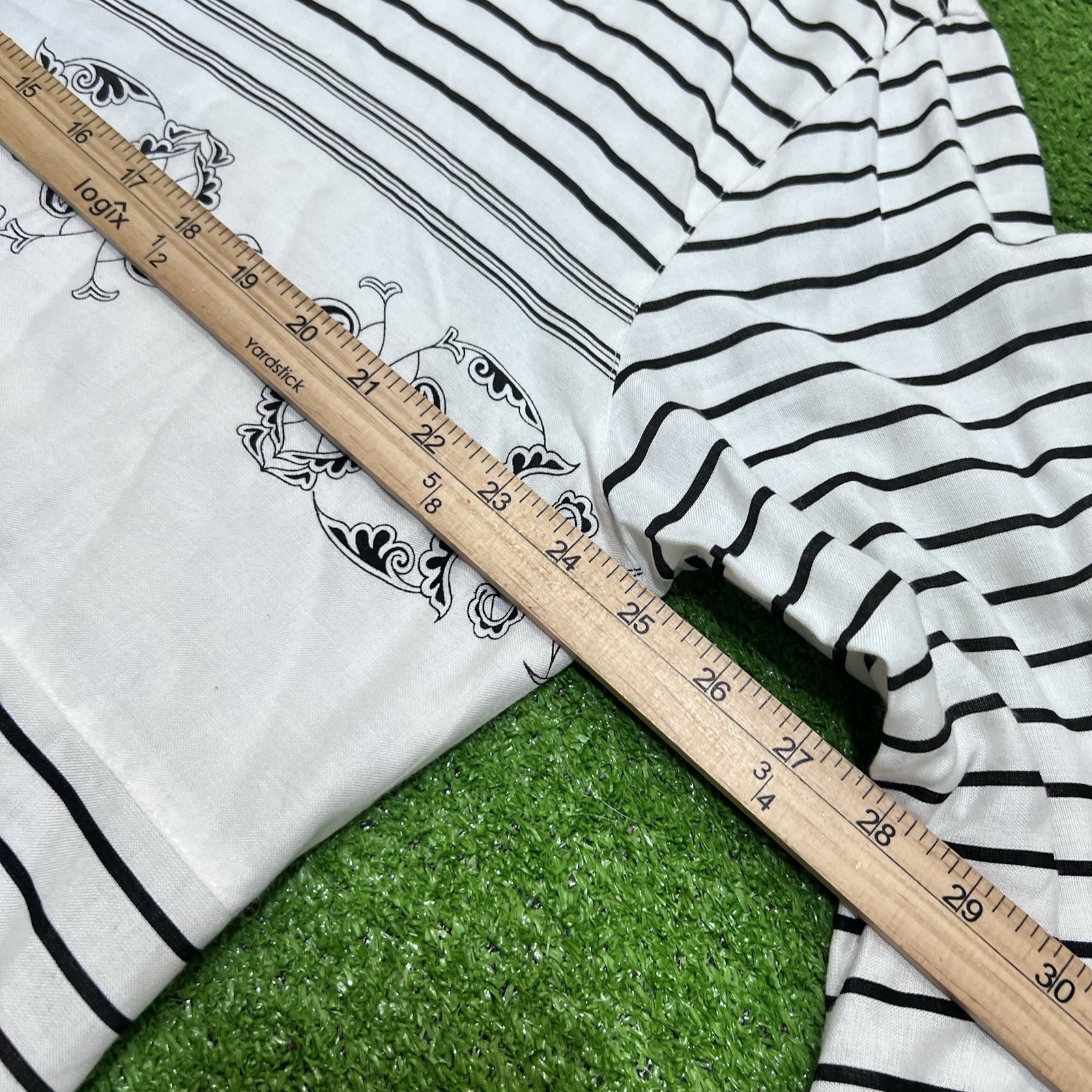 Vintage 70s Button Up 2XL Black White Stripe Floral Motif Leaf Scroll USA Made