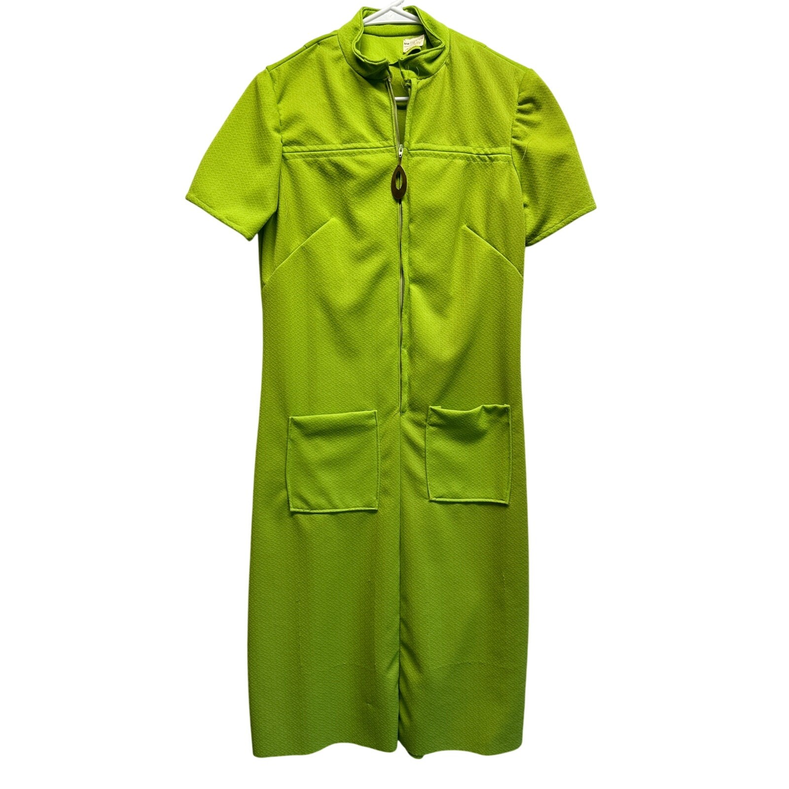 Vintage JCPenney Lime Green Housecoat Dress Front Zip Pockets Medium Cottage