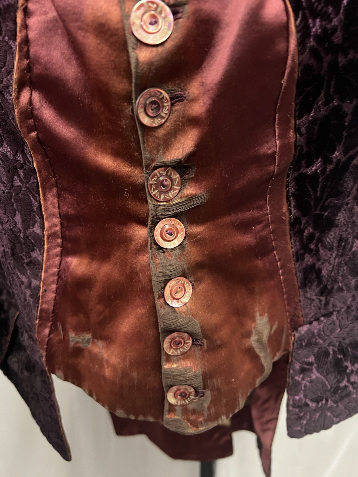 1880’s Burgundy Figured Velvet & Merlo Silk Satin Bodice
