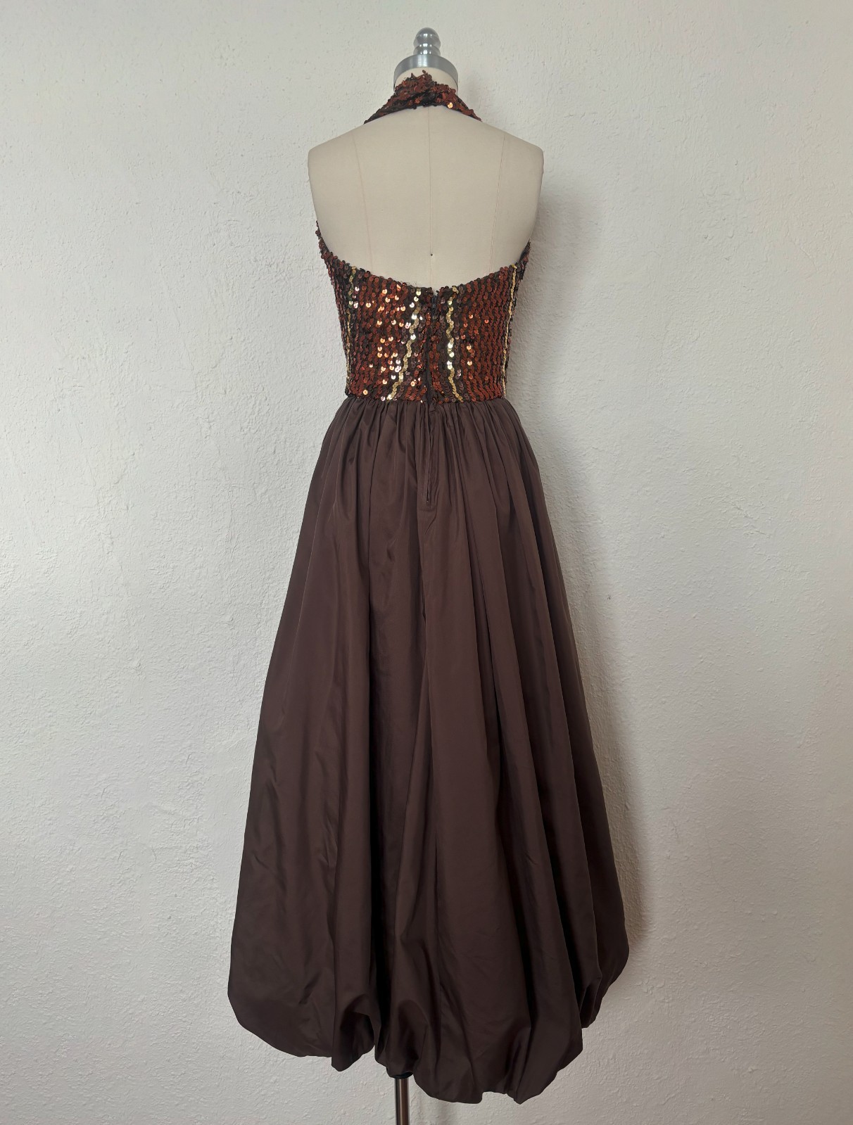 1970s Brown Sequin Halter Bubble Hem Dress by Lillie Rubin, Extra Small to Small