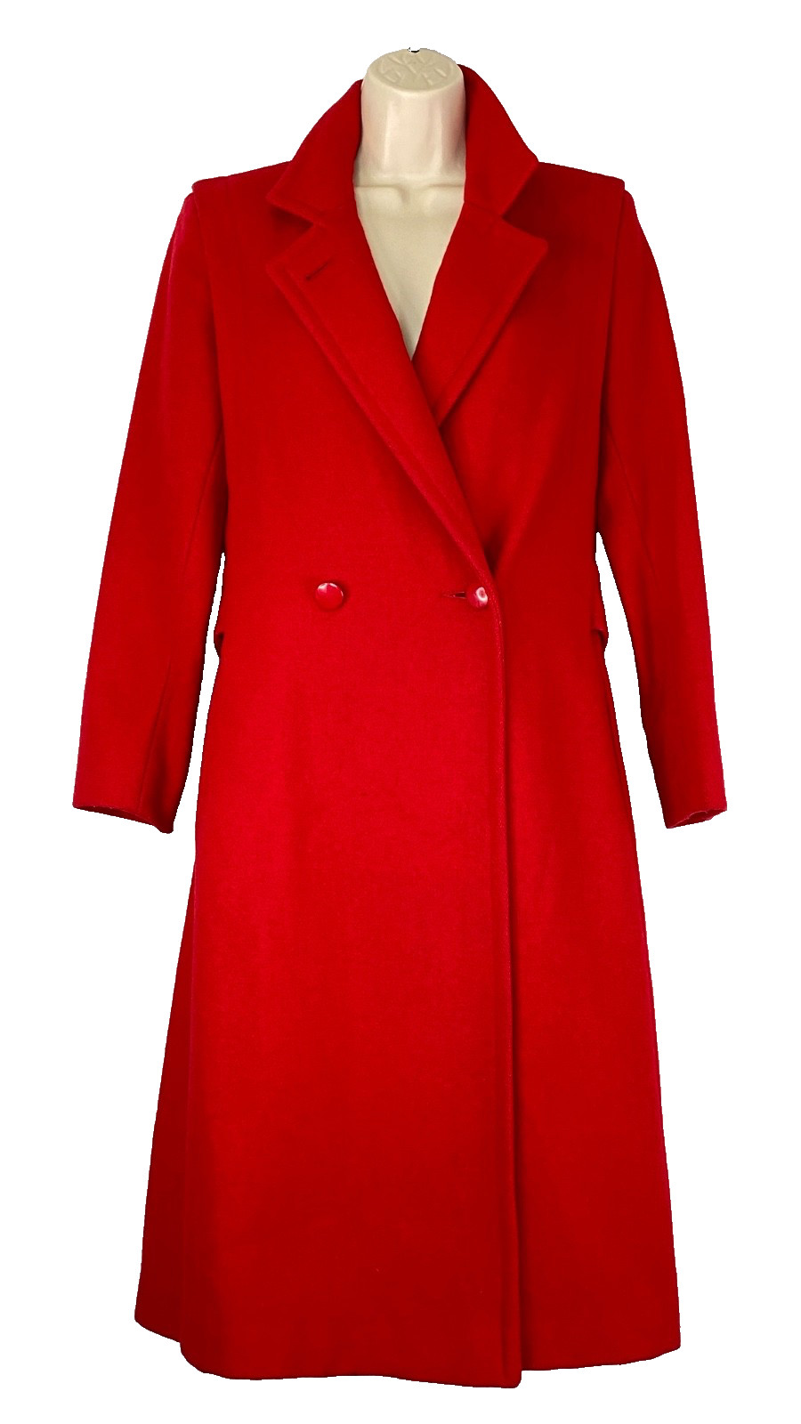 Vintage 1970s red wool trench coat jacket XS S long collar pea pockets JILL JR