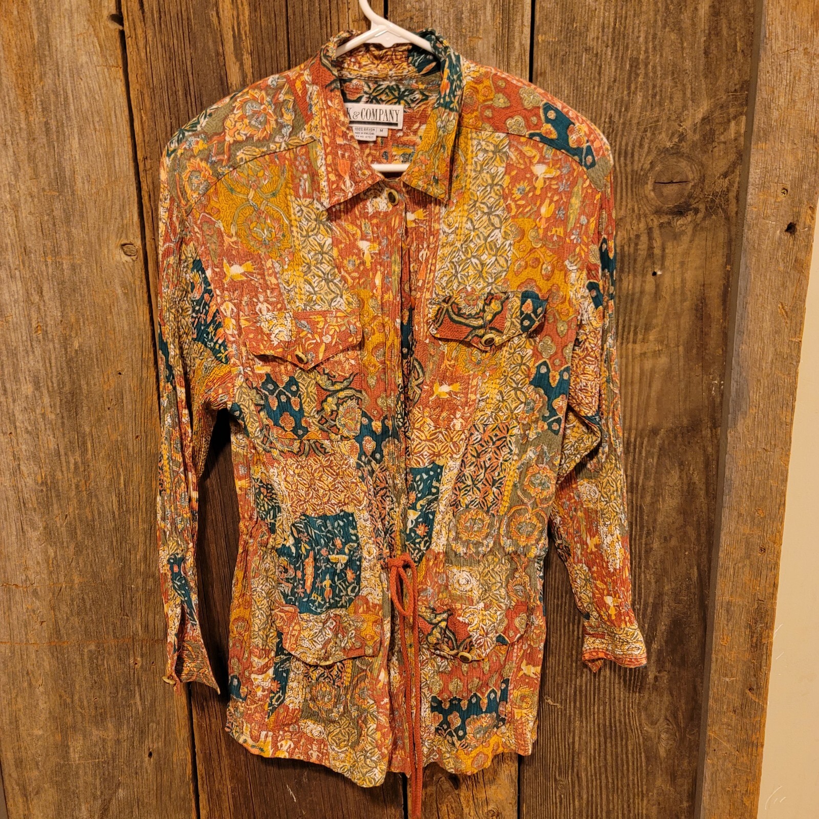 Vintage Sk & Company Blouse Rayon Wrinkle Look Drawstring Button Up Long Sleeve