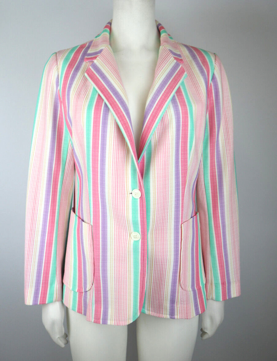 VINTAGE 70s 1970s WOMEN’S PINK STRIPED BLAZER JACKET – BARCLAY SQUARE – SIZE 10