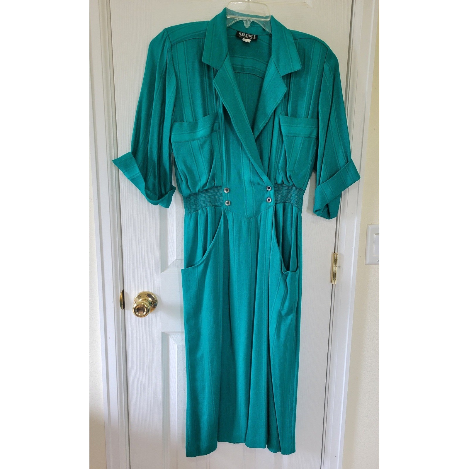 Vintage Studio I Teal Green Midi Dress 80s Wrap Button Waist Pockets Size 8