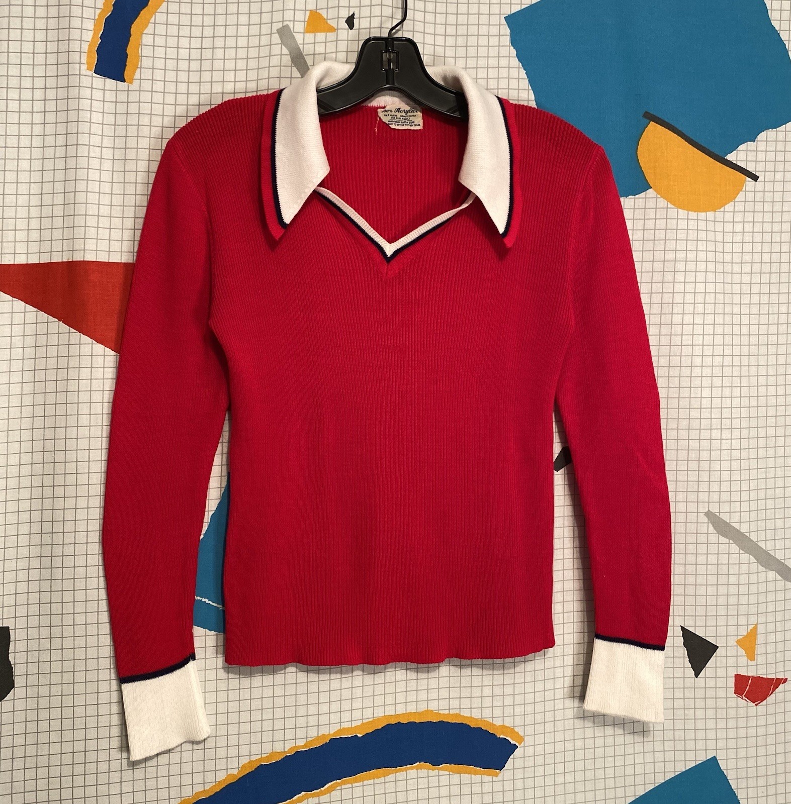 Vintage 70s Ribbed Sweater Dagger Collar Small Preppy Business Mod Hippie Pin Up