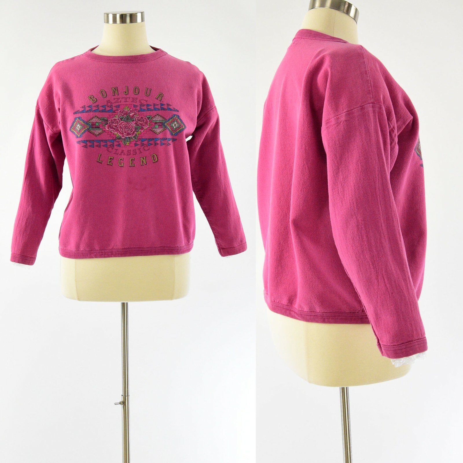 80s Vintage Pink Graphic Print Sweatshirt Top Womens One Size Bonjour