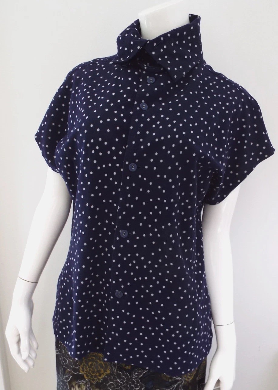 Vintage 1990s Yohji Yamamoto Navy Blue Polka Dot Blouse Medium Cupro Tall Collar