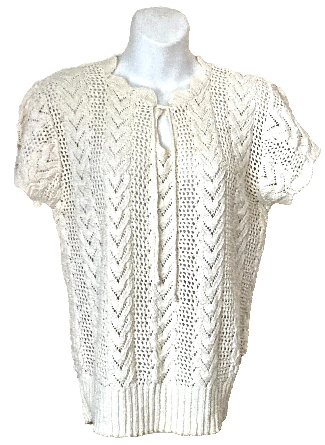 True Vintage Kenneth Too Lady’s sz. L Boho Ivory Crochet Knit Top Cap Sleeves GU