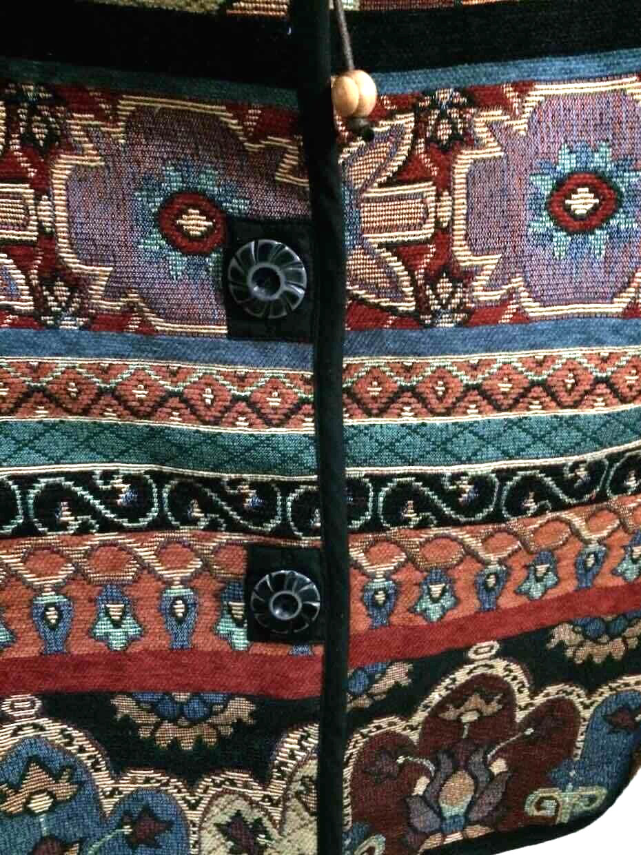 Tapestry Jacket Flashback Burgundy Green Black Womens Size L Unlined
