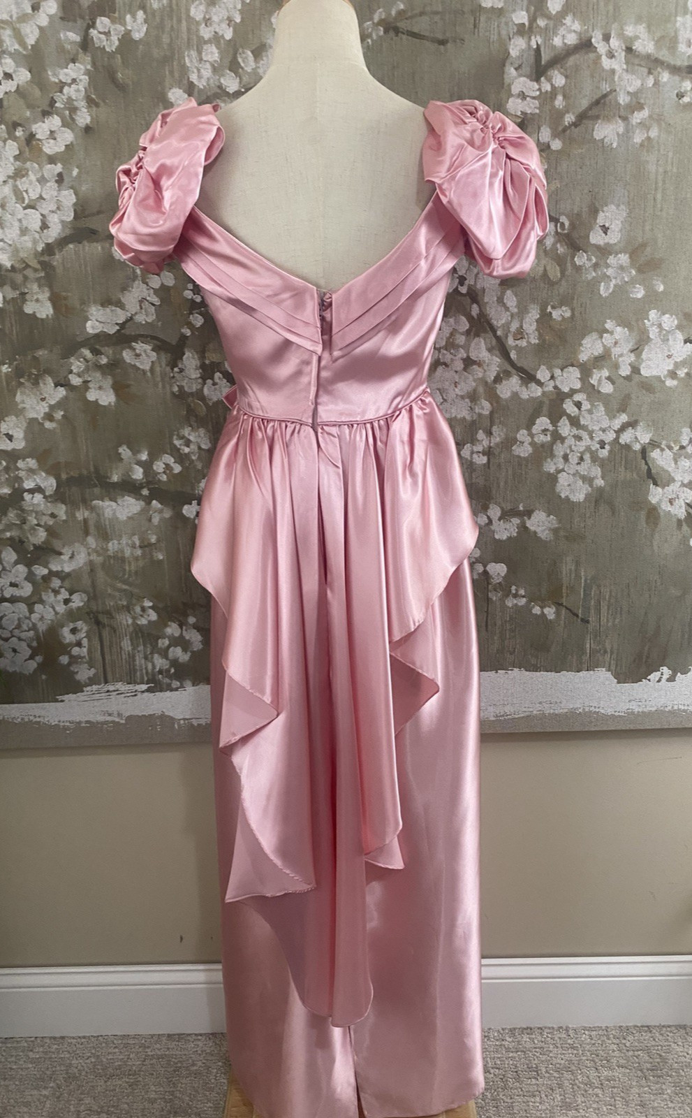VTG 70’s Pink Satin Union Made Coquette Back Cascade Prom Bridesmaid Dress S