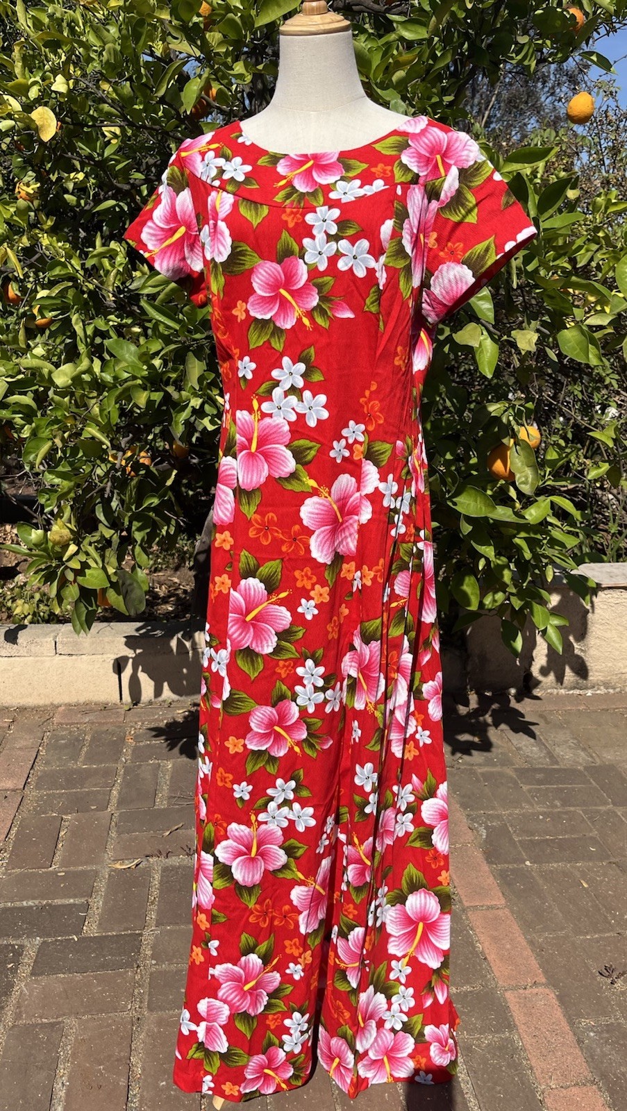Vintage 60s 50s Ui-Maikai Red Hawaiian Maxi Dress Pink Hibiscus Floral Cotton LG