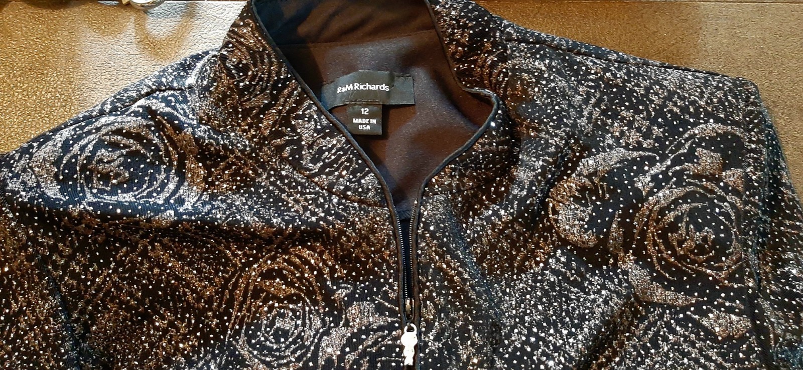 Rare Vintage R&M Richards Velvet Jacket Black Floral Glitter Made in USA Size 12