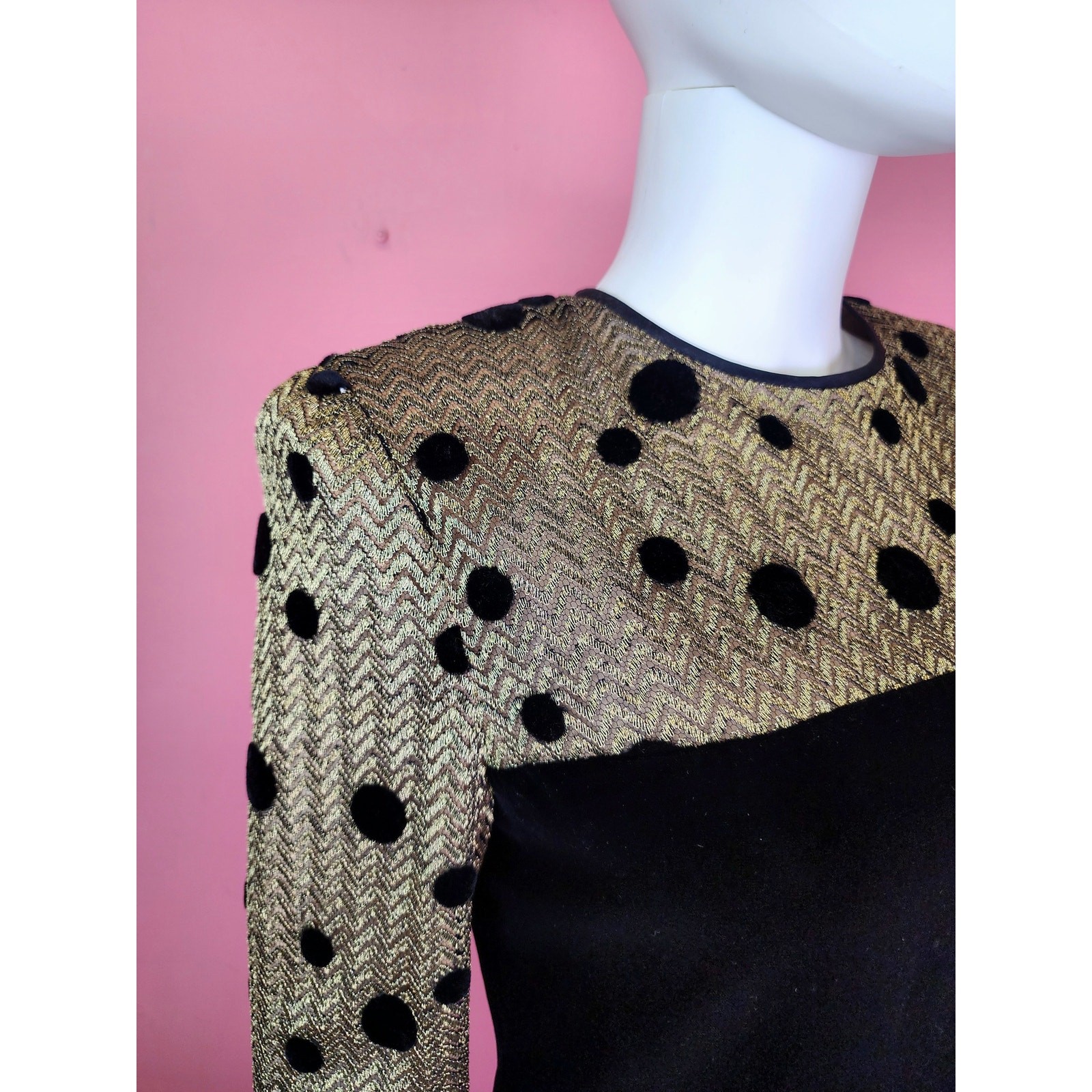 Vintage 1980’s Black Velvet Metallic Gold Polka Dot Long Sleeve Cocktail Dress